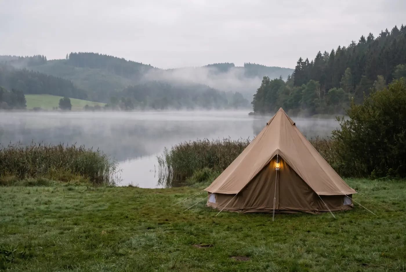 Glockenzelt mit brennender Laterne am Seeufer, Morgennebel über dem Wasser