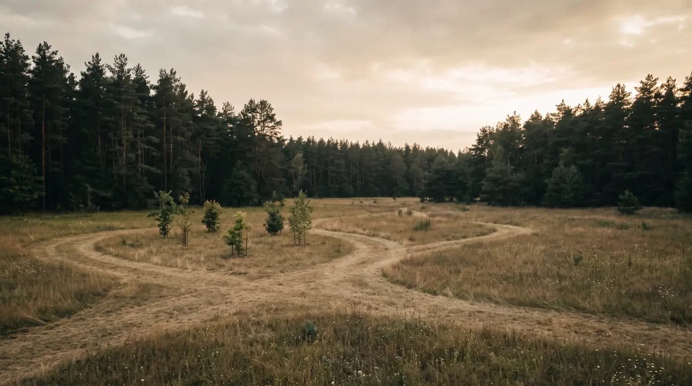 Unbebaute Wiese am Waldrand mit ausgefahrenen Wegspuren in der Abendsonne